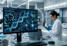 Médico pesquisador analisando dados moleculares de medicamentos gerados por inteligência artificial em um laboratório
