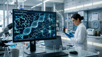 Médico pesquisador analisando dados moleculares de medicamentos gerados por inteligência artificial em um laboratório