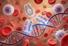 "Ilustração médica tridimensional de um anticorpo interagindo com uma fita de DNA dentro do sistema imunológico."