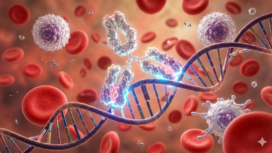 "Ilustração médica tridimensional de um anticorpo interagindo com uma fita de DNA dentro do sistema imunológico."